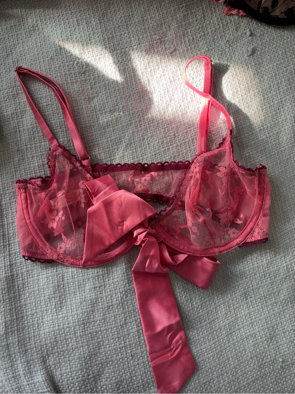 Fleur du Mal Rose Lace Underwire Bralette with Satin Bow 34C